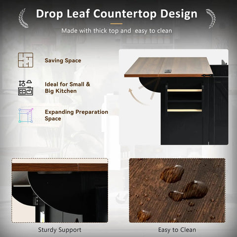 54 Inch Farmhouse Kitchen Cart Featuring A Nifty Power Outlet And Hefty Storage Space With Smooth Rolling Lockable Wheels And Sleek Black Finish, showcasing drop leaf countertop design.