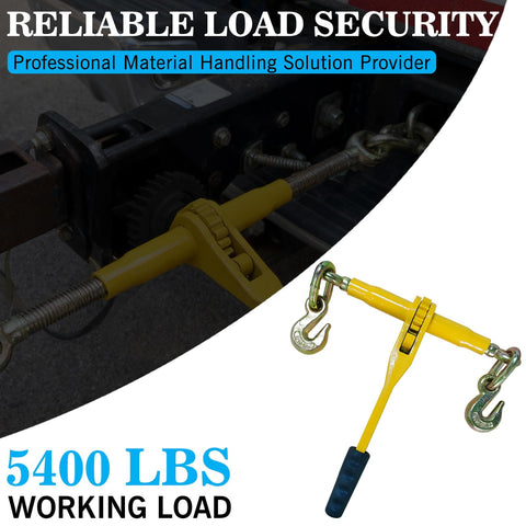 Two Pack Ratchet Chain Binders For Five Sixteenths To Three Eighths Inch Chains Heavy Duty Tie Downs With Anti Skid Handle 5400 Lb Working Load And 19000 Lb Break Strength Great For Truck Hauling Towing And Transport.