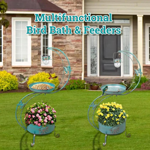 Bird Bath With Flower Planter Base And Solar Lighting Pedestal For Outdoors, 36 Inch Outdoor Bird Bath For Garden Yard Patio