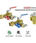 Brass tankless water heater valve kit set with three valves, red and blue lever handles, and pressure relief valve.