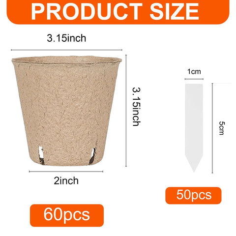 Sixty Pack 3.15 Inch Biodegradable Peat Pots With Drainage Holes for Seedlings, 60 pots and 50 plant labels shown with dimensions.