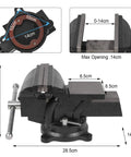 Heavy Duty Six Inch Bench Vise Rock Solid Cast Steel Frame With Double Locking Swivel Base dimensions and features.