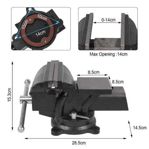 Heavy Duty Six Inch Bench Vise Rock Solid Cast Steel Frame With Double Locking Swivel Base dimensions and features.