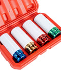 One Half Drive Deep Metric Impact Socket Set Featuring 17 19 21 22 Millimeter Heads For Wheel Lug Nuts And Tire Work in red case.