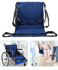 Blue padded patient transfer sling with four handles for bed-to-wheelchair transfers