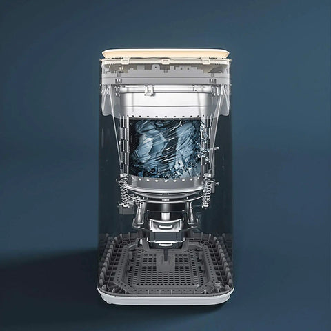 No Sweat Portable Mini Washing Machine With Smart Led Touch Panel and One Click Operation, transparent design showing inner workings.
