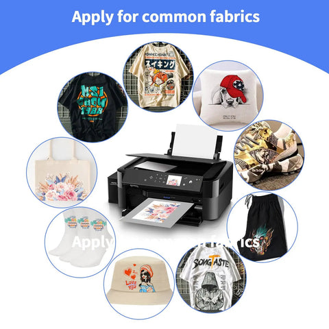 Printer with Direct To Film DTF Transfer Film Pack A4 50 Sheets 8.3 X 11.7 Inches Matte Clear PET for fabric prints shown