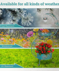 Image showing a Bird Bath With Flower Planter Base And Solar Lighting Pedestal For Outdoors, 36 Inch Outdoor Bird Bath in different weather conditions: frost, rain, and sun.