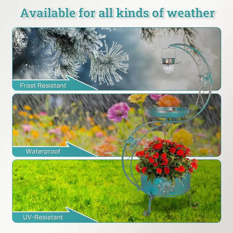 Image showing a Bird Bath With Flower Planter Base And Solar Lighting Pedestal For Outdoors, 36 Inch Outdoor Bird Bath in different weather conditions: frost, rain, and sun.