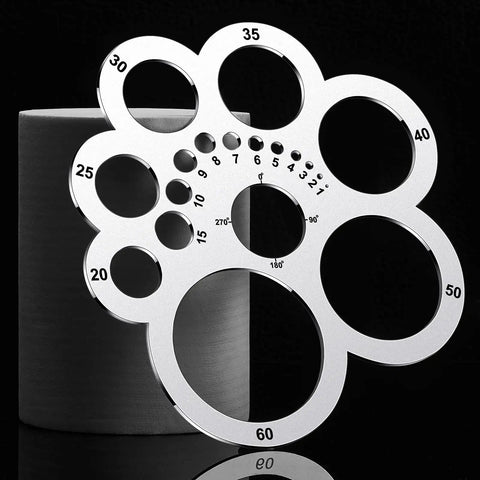 Metal circle template with multiple hole sizes from 5 to 60 on display, part of the Leather Corner Punch Set And Circle Template Tool For Leather Crafting Portable Round Corner Ruler Cutting Guide For Drafting DIY Projects Lightweight Compact Metal Template Kit.