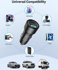 Dual Port Usb Car Charger 2 Pack 48 Watt Cigarette Lighter Adapter Pd Qc 3.0 Fast Charging For iPhone Android shown in compatibility diagram with devices and vehicles.