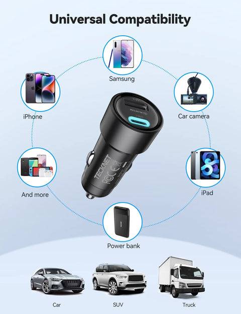 Dual Port Usb Car Charger 2 Pack 48 Watt Cigarette Lighter Adapter Pd Qc 3.0 Fast Charging For iPhone Android shown in compatibility diagram with devices and vehicles.