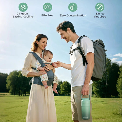 Portable Breast Milk Cooler For Travel Featuring 24 Hour Ice Free Cooling And Double Wall Insulation in use by parents outdoors.