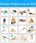 465 Piece DC Motor Kit For DIY STEM Projects With LED Lights Vanes Propeller AA Battery Holder Plastic Gears And Electrical Engineering Fun For Kids Education And Hands On Learning shown with various assembled models displayed in grid format.