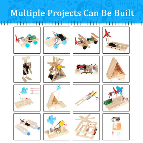465 Piece DC Motor Kit For DIY STEM Projects With LED Lights Vanes Propeller AA Battery Holder Plastic Gears And Electrical Engineering Fun For Kids Education And Hands On Learning shown with various assembled models displayed in grid format.
