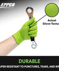 Top Shelf 6 Mil Nitrile Disposable Gloves With Ridged Grip For Mechanics Car Guys And Industrial Pros Powder Free Latex Free Tough As Nails Texture In Bright Lime Green X Large Case Of 900, showing grip texture while holding a wrench.