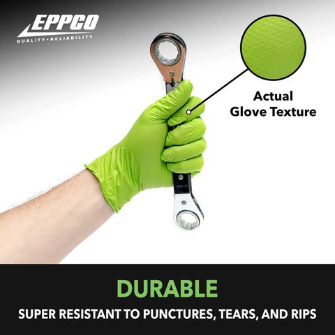 Top Shelf 6 Mil Nitrile Disposable Gloves With Ridged Grip For Mechanics Car Guys And Industrial Pros Powder Free Latex Free Tough As Nails Texture In Bright Lime Green X Large Case Of 900, showing grip texture while holding a wrench.