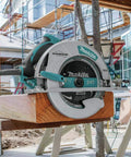 Professional 8 1 4 Inch Magnesium Circular Saw With Electric Brake And Dual Led Cut Line Lights on a wooden beam at a job site.