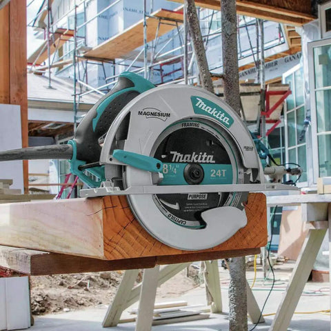 Professional 8 1 4 Inch Magnesium Circular Saw With Electric Brake And Dual Led Cut Line Lights on a wooden beam at a job site.