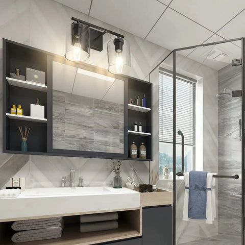 Two Light Vanity Light Fixture Matte Black With Clear Glass Shades in bathroom over mirror, industrial style