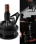 Stainless Steel Espresso Wdt Tool Needle Coffee Distributor With Rugged Stand Base shows closer view of tool with wood handle and adjustable height.