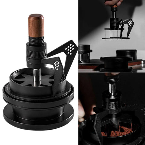 Stainless Steel Espresso Wdt Tool Needle Coffee Distributor With Rugged Stand Base shows closer view of tool with wood handle and adjustable height.