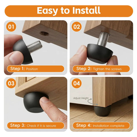 Steps showing installation of 12 Pack M8 Adjustable Furniture Feet In 304 Stainless Steel Leveling Screws 8mm By 1.25 Thread.