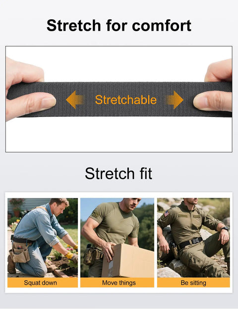 Quick Release Tactical Belt for Work and Outdoors, 1.5 Inch Nylon Web With Heavy Duty Seatbelt Buckle, Grey, stretchable view