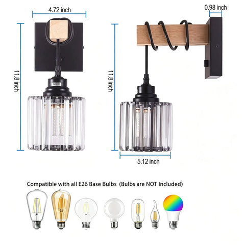BANGANMA 2-Pack Black Farmhouse Hardwired Wall Sconces Crystal for Bathroom, dimensions 11.8 inches, wood and metal materials.