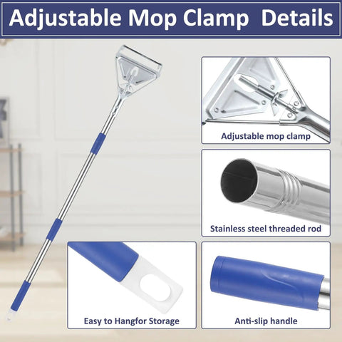 Heavy Duty 59-Inch Mop Handle Pole with adjustable clamp, stainless steel, anti-slip handle, details for universal cleaning