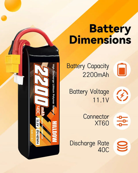 3S 2200mAh 11.1V 40C RC LiPo Battery Pack With Soft Case And XT60 Connector dimensions and specifications shown