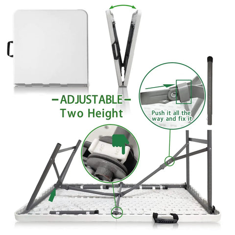 Heavy Duty 4 Foot Folding Table For Indoor Outdoor Use With Handle Portable Square Dining Card Table Waterproof Durable Plastic Top 330 Lb Weight Capacity Ideal For Picnics Parties Camping And More showing adjustable height and foldable design