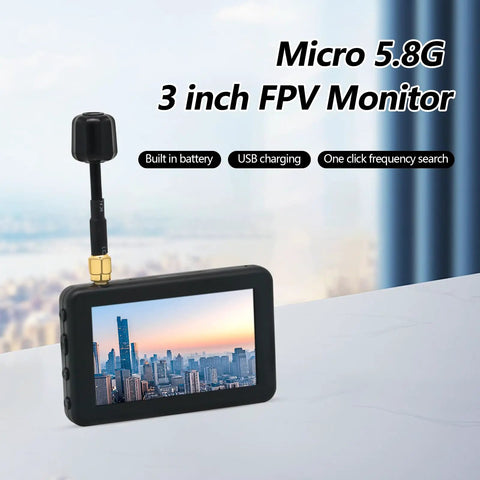 3 Inch Micro FPV Monitor With 480x320 LCD Display 5 8Ghz 40 Channel Auto Search Built In Battery RaceBand Ready on table