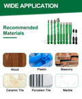 Top Tier Diamond Drill Bit Kit With Quick Fit Hex Shank And Ph2 Screwdriver Bits For Cruising Through Ceramic Tile Porcelain Granite And Marble Like A Boss In 12 Piece display showing recommended materials like wood, plastic, masonry, ceramic tile, porcelain tile, and marble.