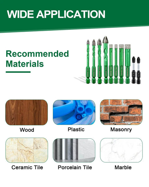 Top Tier Diamond Drill Bit Kit With Quick Fit Hex Shank And Ph2 Screwdriver Bits For Cruising Through Ceramic Tile Porcelain Granite And Marble Like A Boss In 12 Piece display showing recommended materials like wood, plastic, masonry, ceramic tile, porcelain tile, and marble.