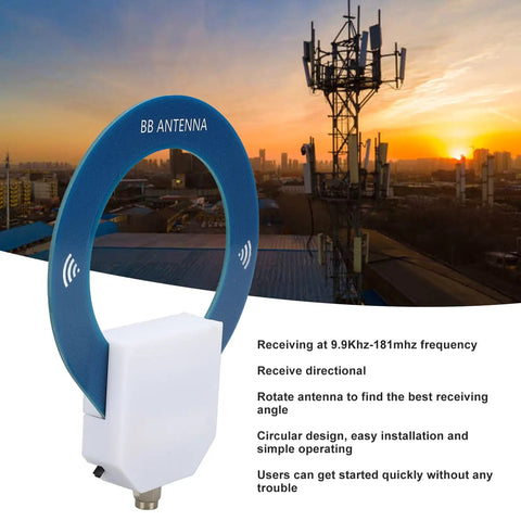 Portable Shortwave Loop Antenna with Adjustable Gain for 9.9kHz to 181MHz against city skyline, circular design