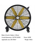 Heavy Duty Industrial Floor Fan 48 Inch Six Blade Air Circulator Mobile Wheeled Workshop Cooler with yellow blades and a durable frame.