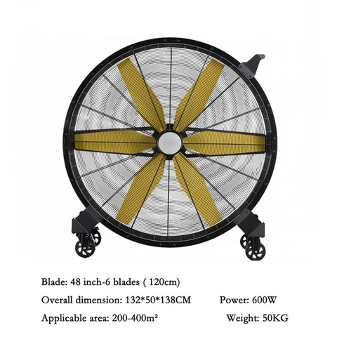 Heavy Duty Industrial Floor Fan 48 Inch Six Blade Air Circulator Mobile Wheeled Workshop Cooler with yellow blades and a durable frame.