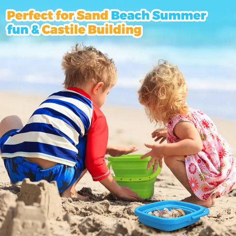 Children playing with Collapsible Silicone Beach Bucket Large Pail For Sand and Water Play Kid And Adult Friendly at the beach