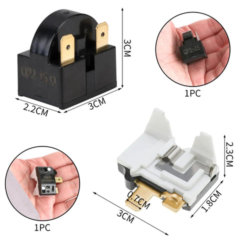 PTC Refrigerator Start Relay and Overload Protector Kit with 3 Pin 15 Ohm Starter 1 4HP Overload Compatible Dimensions