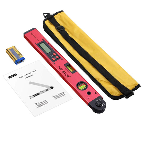 Straight Up Essential for Woodworkers A Hella Precise Digital Angle Finder Gauge Lcd Protractor Spirit Level Meter on yellow case with user manual.