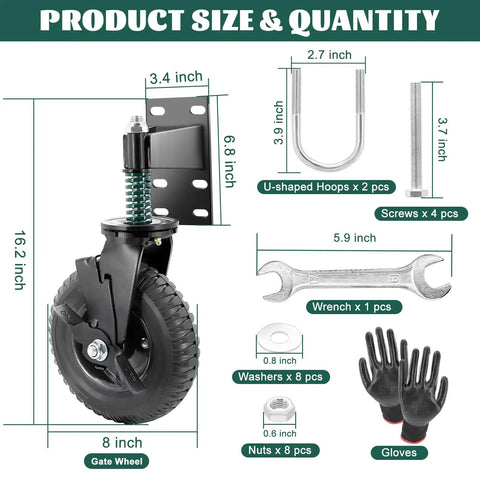 Diagram of 8 Inch Gate Wheel With Brake Heavy Duty Caster For Metal And Wood Fences 600Lb Capacity, includes hardware and gloves