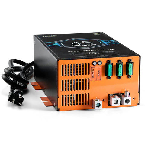 Straight Up Solid 45 Amp RV Converter 120V AC To 12V DC Smart Battery Charger rear view with connectors and power cable.