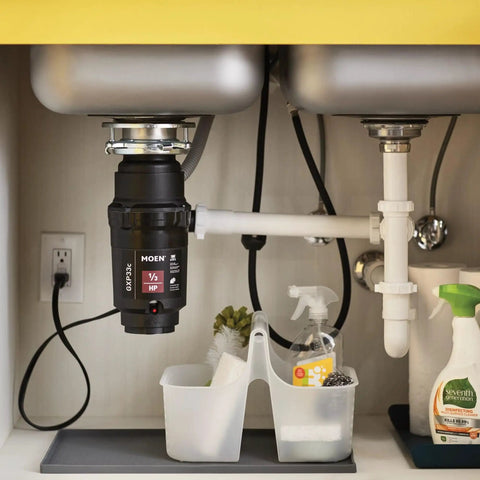 Lite Series Pro Compact Continuous Feed Garbage Disposal For Kitchen Sink With Power Cord 1900 RPM Vortex Motor installed under sink.