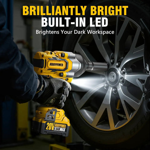 Heavy Duty Cordless Impact Wrench With Brushless Motor, 900 FT LBS Torque, One Half Inch Drive, 20 Volt Platform, Dual Four Ampere Batteries, Grease Monkey Approved For Rigs using built-in LED on wheel.