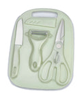 Front view of green 4-piece kitchen tool set in plastic case, includes knife, peeler, scissors, crinkle cutter