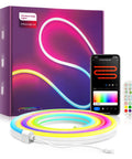 LED Neon Rope Light 9.8ft Flexible RGBIC Strip With Music Sync And DIY Design IP65 Waterproof Remote And App Control Multi Color Ambient Lighting For Living Room Bedroom And Game Room Wall Decor shown with box, smartphone app, and remote control.