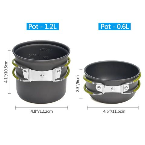 Backpacking Camping Cookware Kit With Mini Stove Aluminum Pots 1.2L 0.6L Utensil Set for Outdoor Hiking Picnics