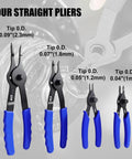 14 Piece Snap Ring Pliers Set With Internal And External Retaining Rings Pliers Including 45 Degree And 90 Degree Bent And Straight Tips Plus Hook And Pick Tools Heavy Duty Removal Kit With Storage Case And Gloves showing four straight pliers with different tip sizes