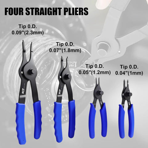 14 Piece Snap Ring Pliers Set With Internal And External Retaining Rings Pliers Including 45 Degree And 90 Degree Bent And Straight Tips Plus Hook And Pick Tools Heavy Duty Removal Kit With Storage Case And Gloves showing four straight pliers with different tip sizes